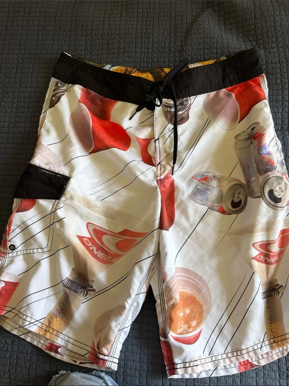O'Neill Beer PrintWhite & Red Graphic Men's Board Shorts with BOTTLE OPENER!